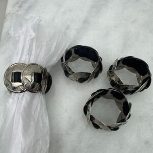 Western Leather Belt & Buckle Napkin Rings Black Silver Tone Set of 4